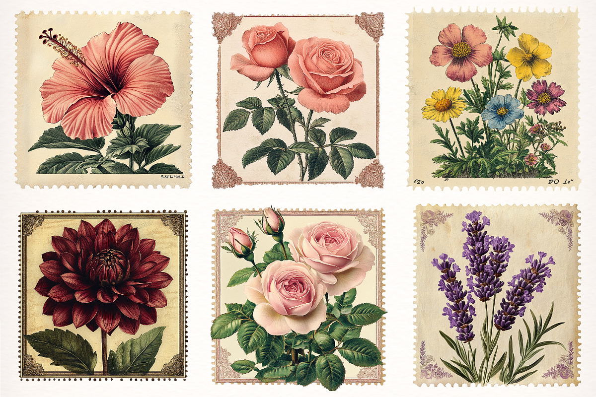 Vintage Floral Postage Stamp Clipart, a Transportation Illustration by Digital Artistic99 (Photo 2 of 10)