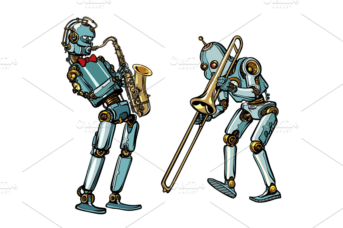 brass band musicians robots, saxophone and trombone, a Person Illustration by studiostoks