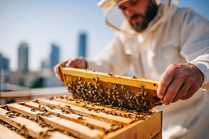 Beekeeper inspecting honeycomb in urban setting, an Animal Photo by AlyaAnd