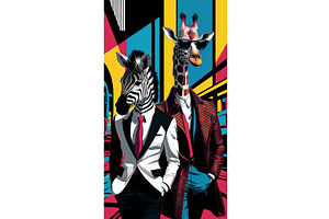 Stylish Zebra And Giraffe In Urban