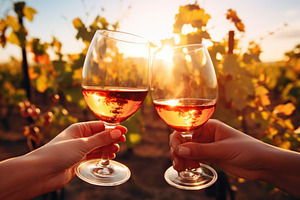 Friends toasting glasses of wine at vineyard, a Food & Drink Photo by AlyaAnd