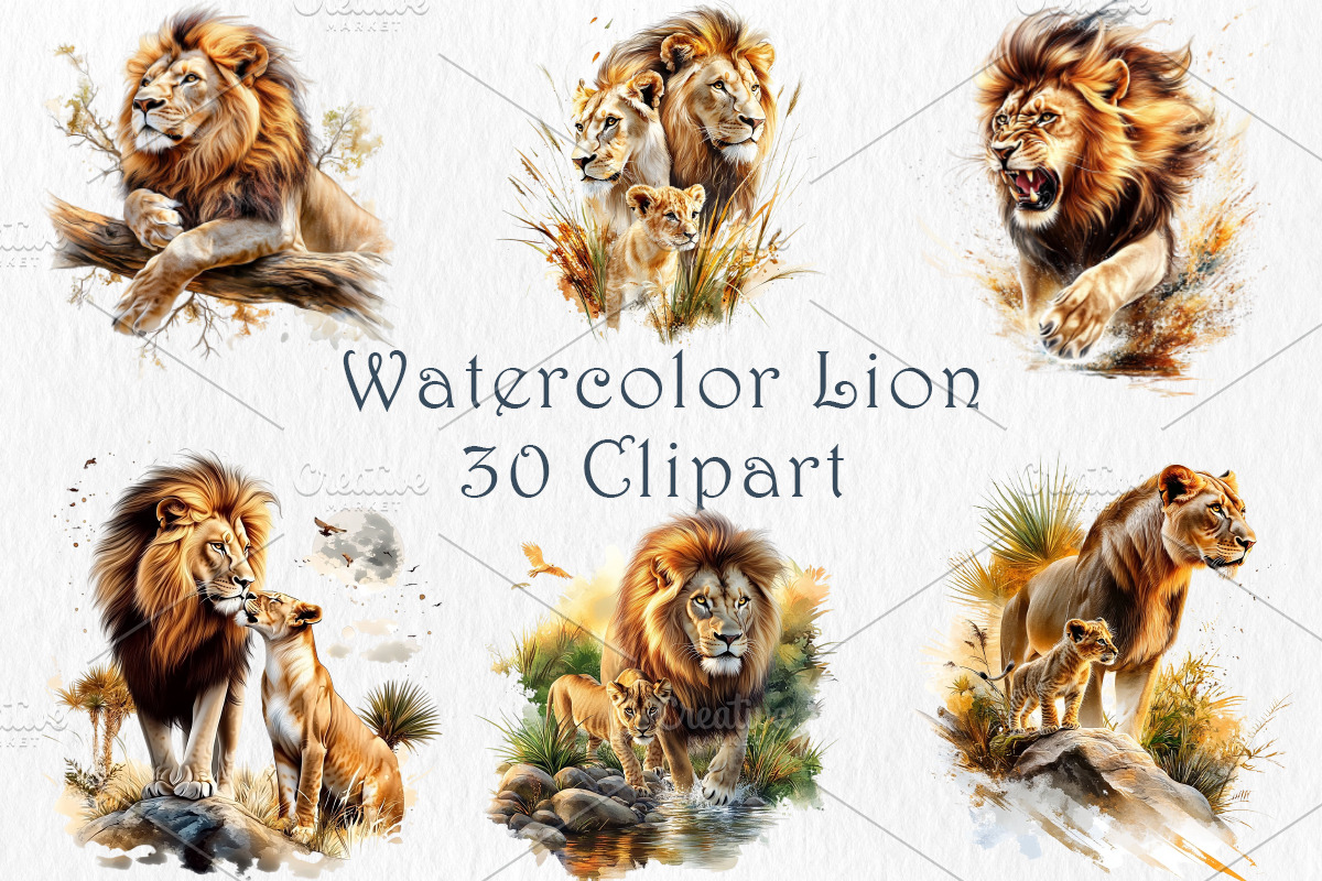 Watercolor Lion Clipart Set, an Animal Illustration by GalaDesign03 (Photo 1 of 7)