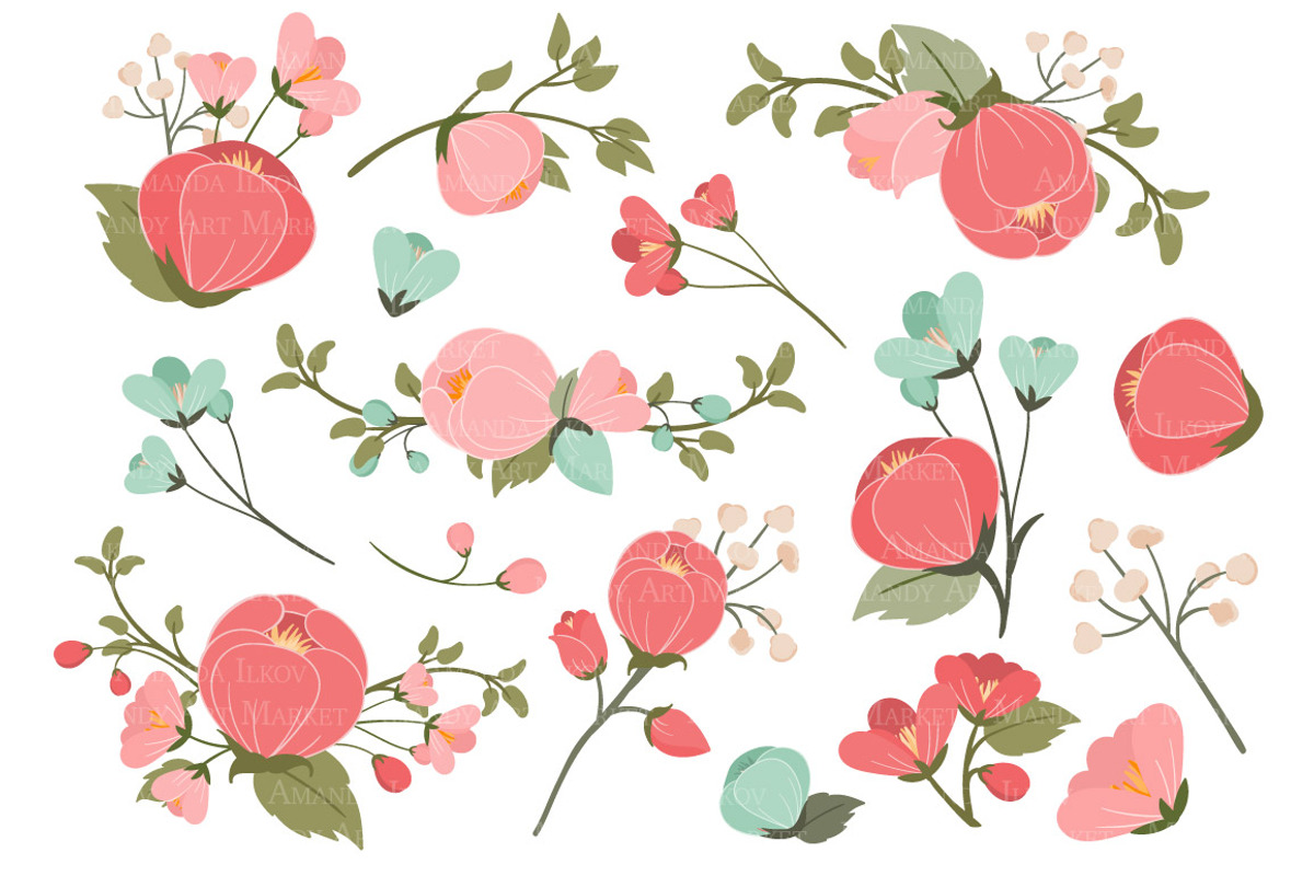 Mint & Coral Flowers Clipart, an Illustration by Amanda Ilkov (Photo 2 of 3)