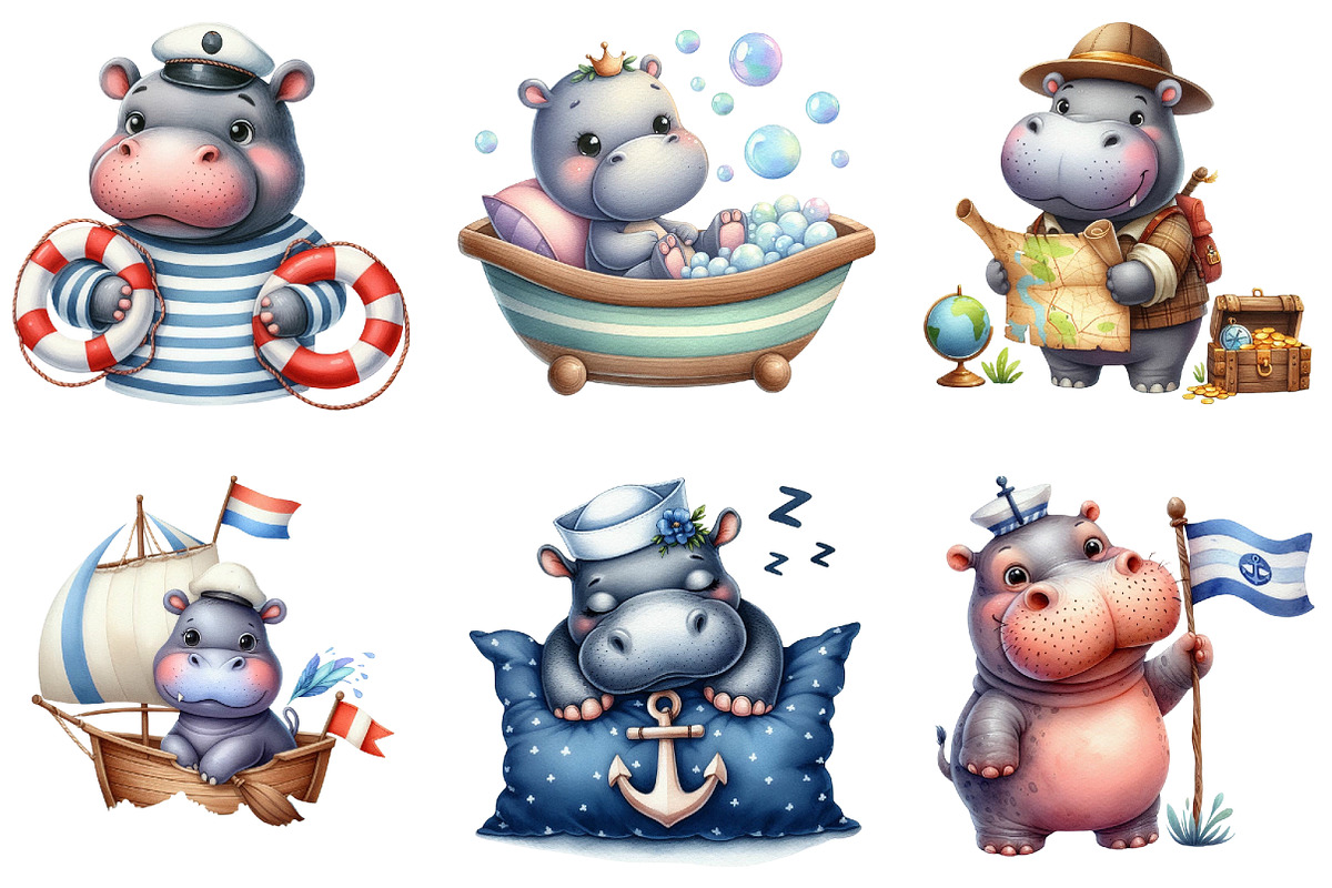 Hippo Clipart Sea Captain Baby Room, an Illustration by DreamArtGraphic (Photo 2 of 5)