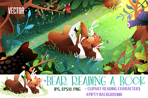 Bear and Bunny Read a Book in Forest