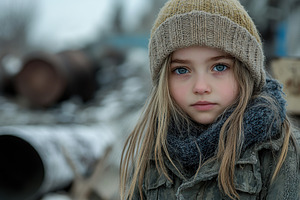 Young girl in warm clothing stands by industrial backdrop in nee, a Person Photo by AlyaAnd