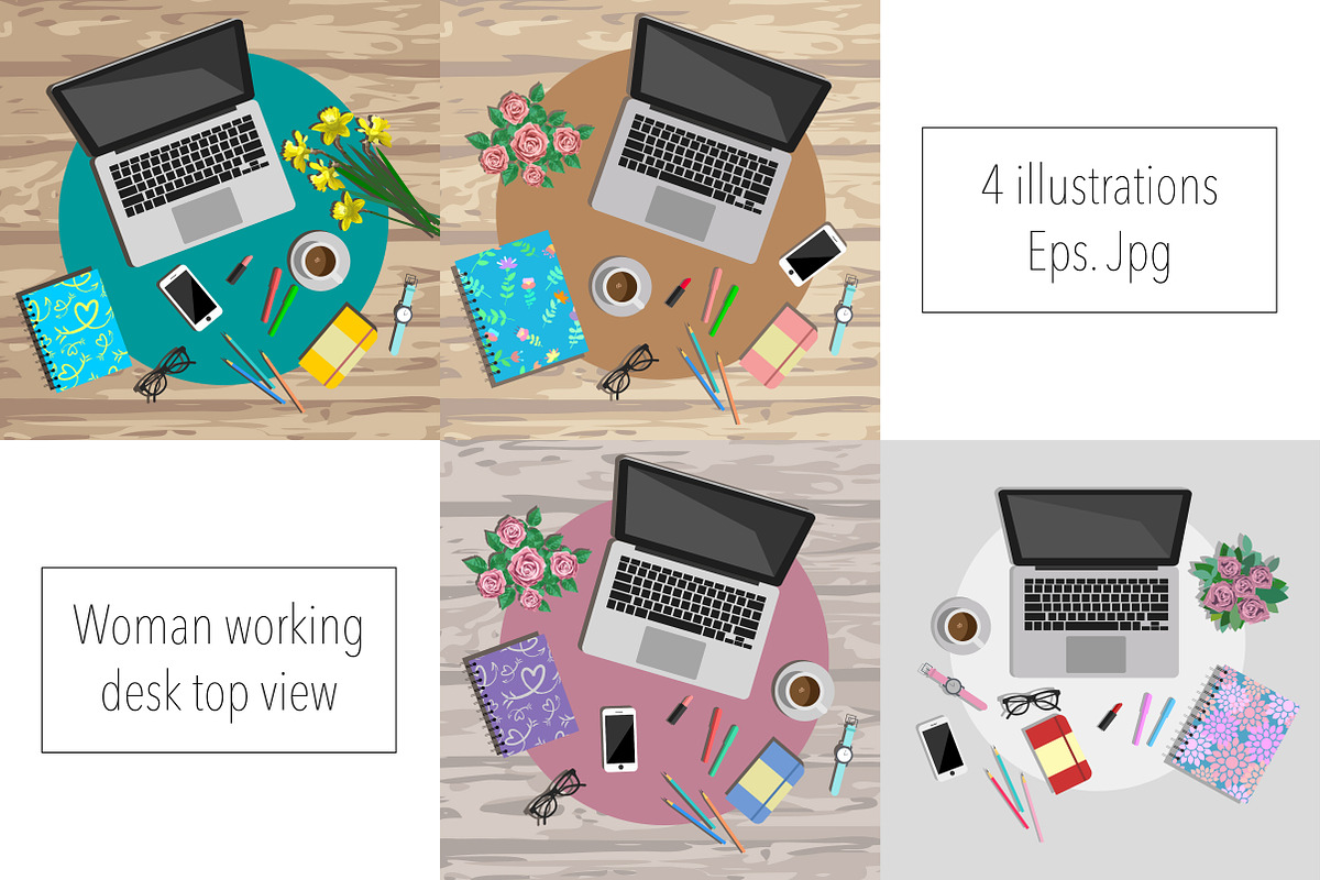 4 eps+jpg of woman working desk, a Technology Illustration by DinaraChernaya