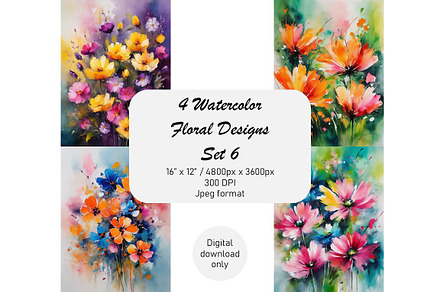 Watercolor Abstract Flowers, Set 6