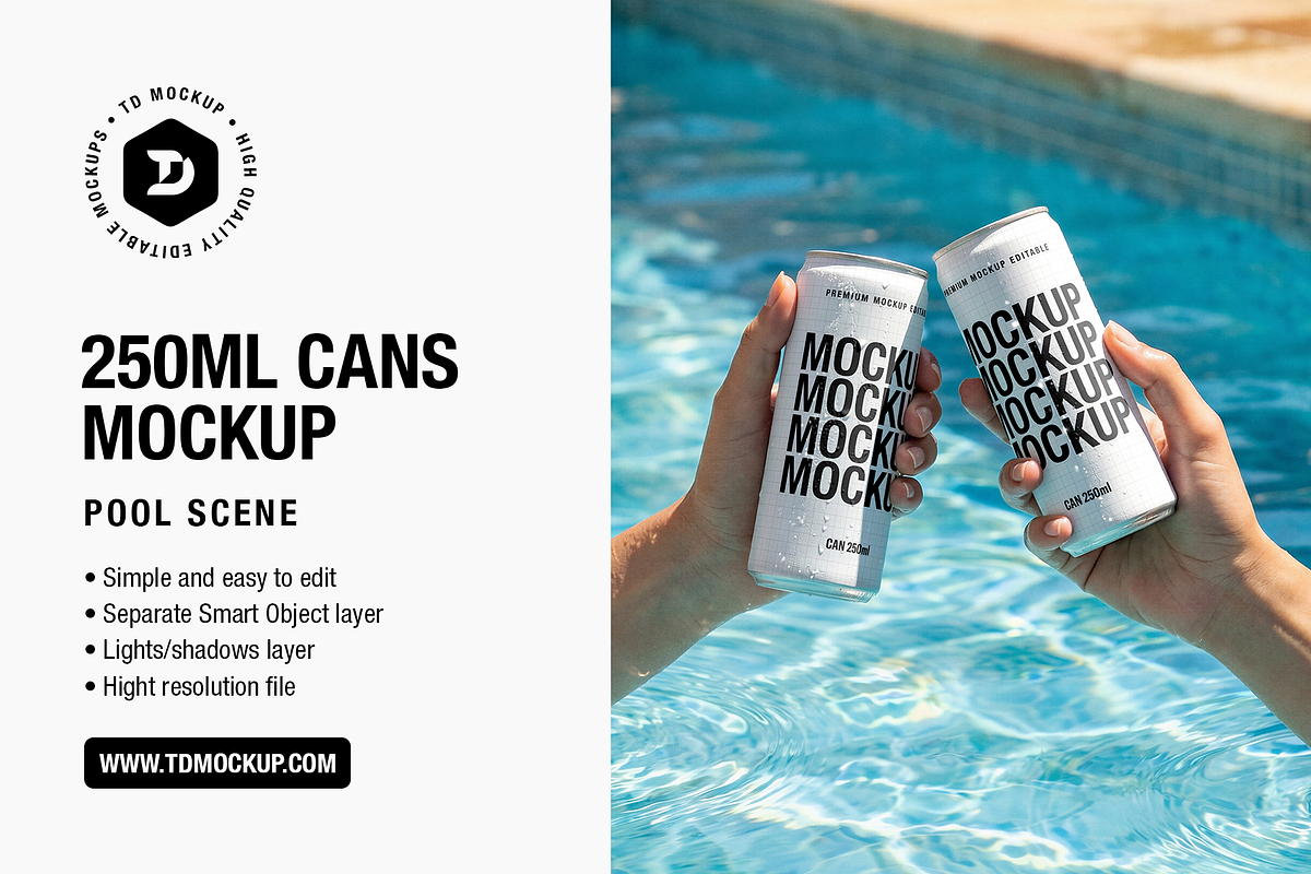 250ml Cans Mockup - Pool Scene, a Packaging Mockup by TD Mockup (Photo 1 of 4)