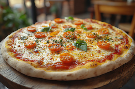 Fresh homemade pizza with cheese and meat, a Food & Drink Photo by AlyaAnd