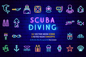 Scuba Diving Neon Vector Icons, an Outline Icon by Anna_leni