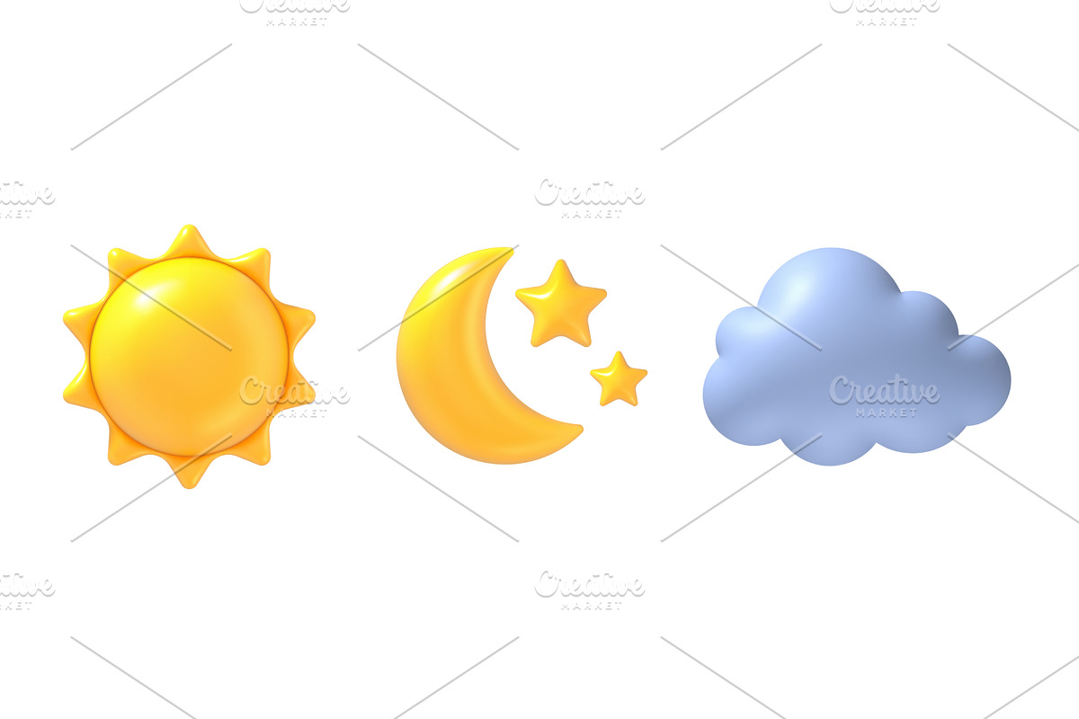3d sun, moon and cloud. Realistic, an Object Illustration by Frogella