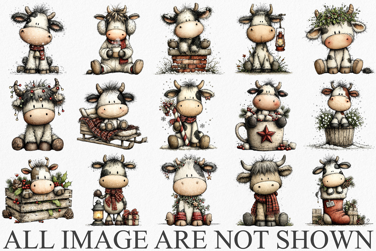 Rustic Christmas Cute Cows Clipart, an Illustration by Canvas Craft (Photo 3 of 6)