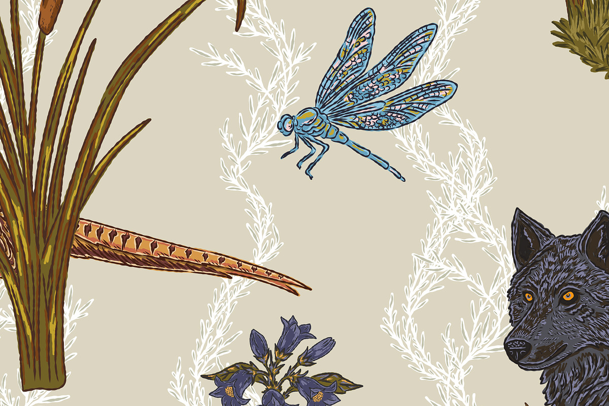 Wolf, Pheasant, Dragonfly, a Pattern Graphic by NayaChu (Photo 6 of 9)