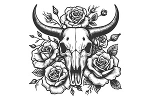 Bull Skull With Roses Tattoo Style