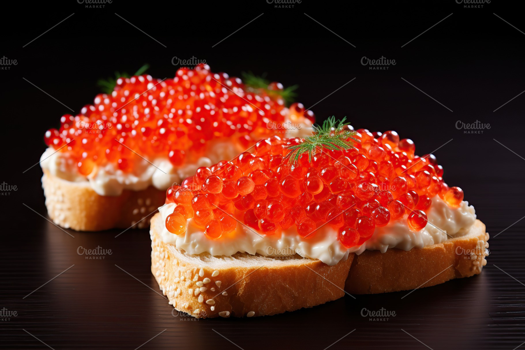 Bread with fresh red caviar on wooden background, a Food & Drink Photo by AlyaAnd