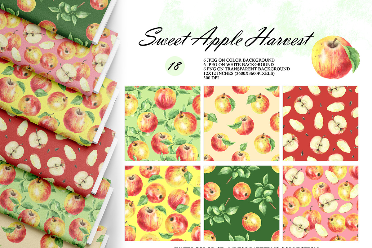 Watercolor Apple Seamless Patterns, a Food Illustration by OlDm_Shop (Photo 1 of 10)