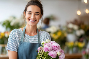 Smiling florist in apron holding, a Person Photo by MistyDay