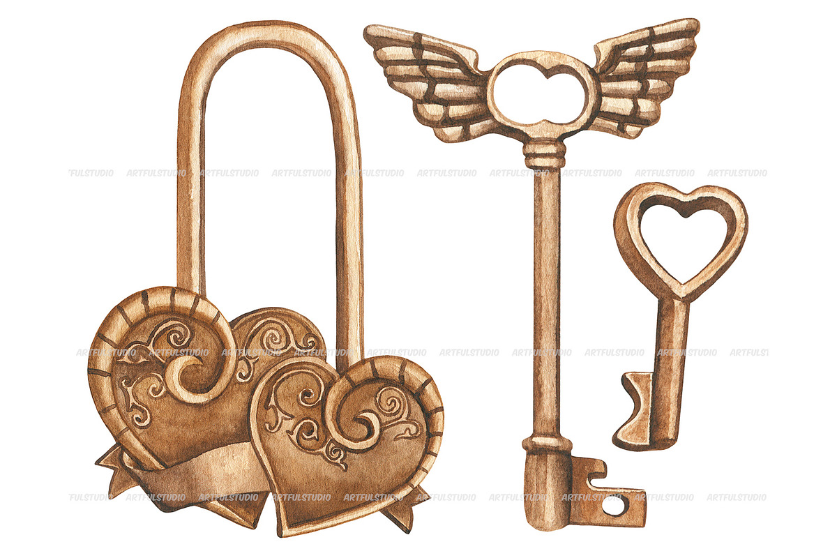 Watercolor vintage Keys and locks, an Object Illustration by ArtfulStudio (Photo 5 of 8)