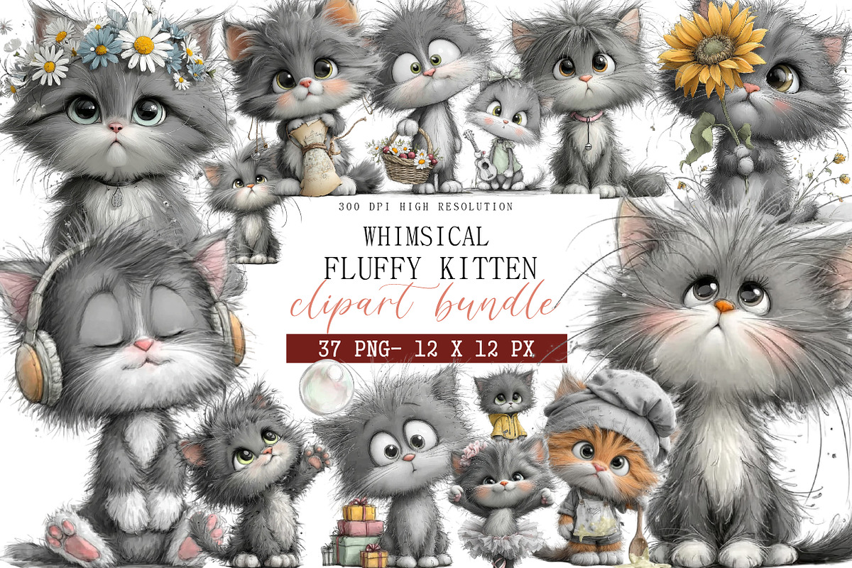 Whimsical Fluffy Kitten Clipart, an Illustration by DreamArtGraphic (Photo 1 of 4)