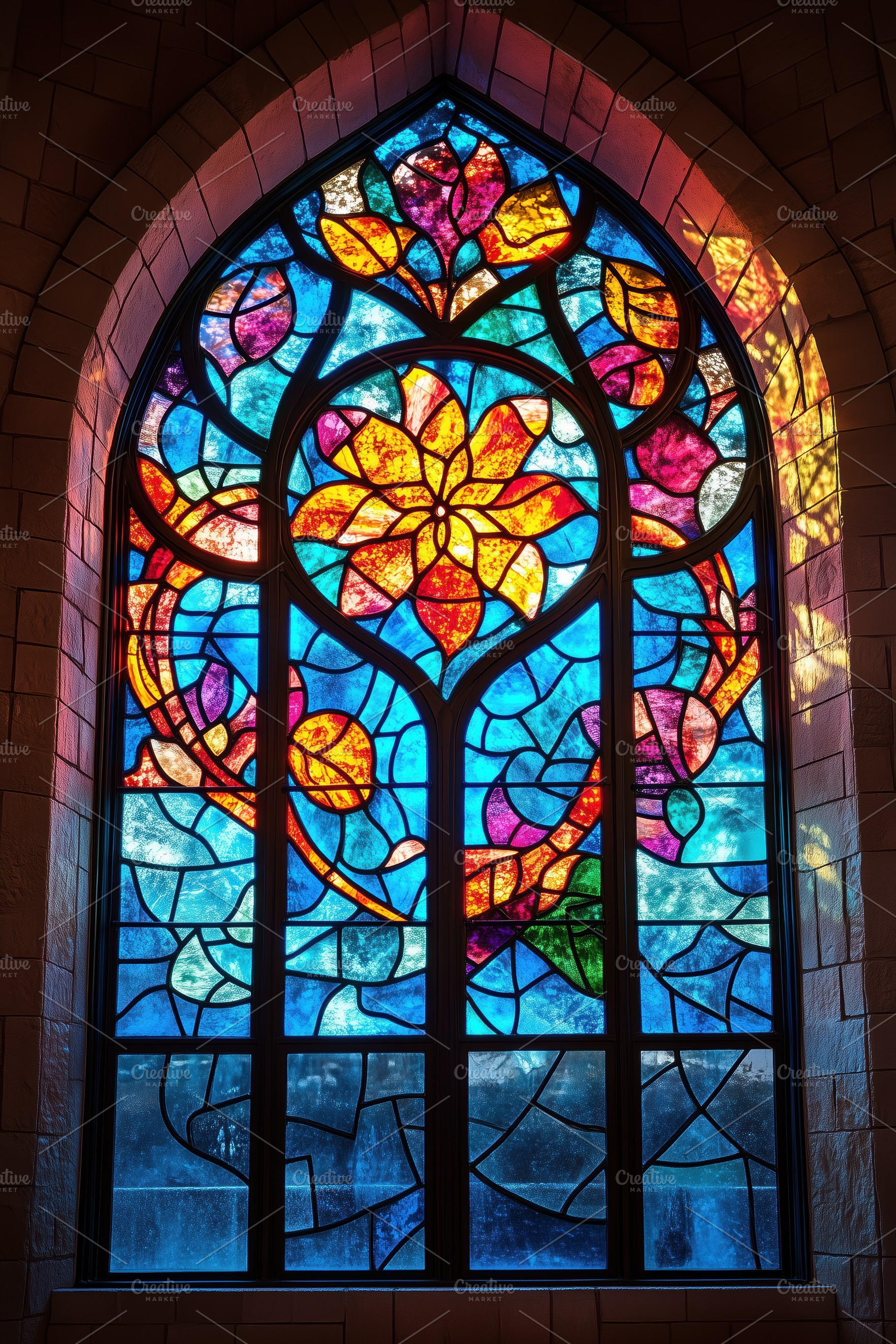 A vibrant stained glass window featuring a floral design with colorful petals a, a Person Photo by Textures & Backgrounds