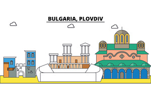 Bulgaria, Plovdiv. City Skyline, Architecture, Buildings, Streets, Silhouette, Landscape, Panorama, Landmarks. Editable Strokes. Flat Design Line Vect