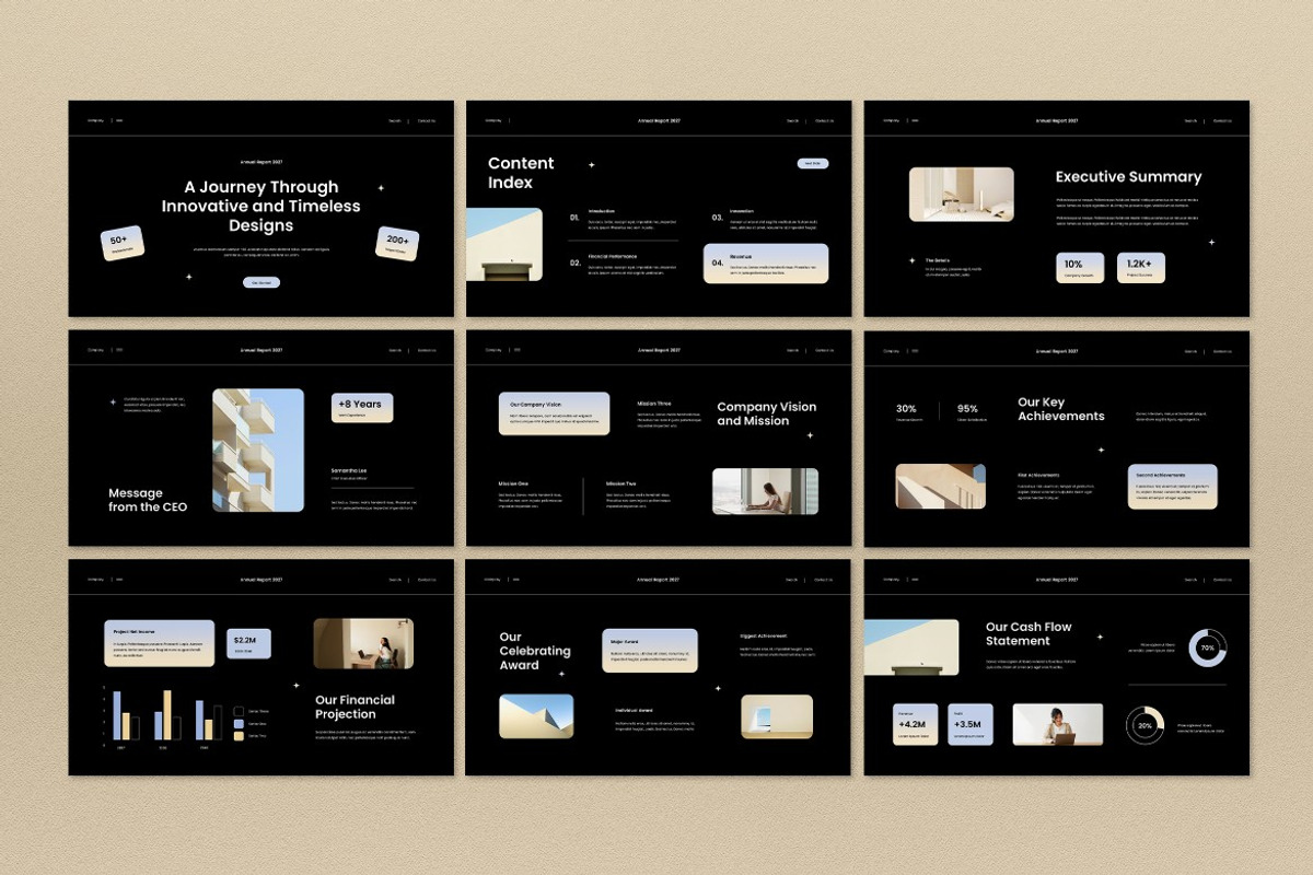 Black Cream Modern Annual Report PPT, a Presentation Template by graphicook (Photo 2 of 4)