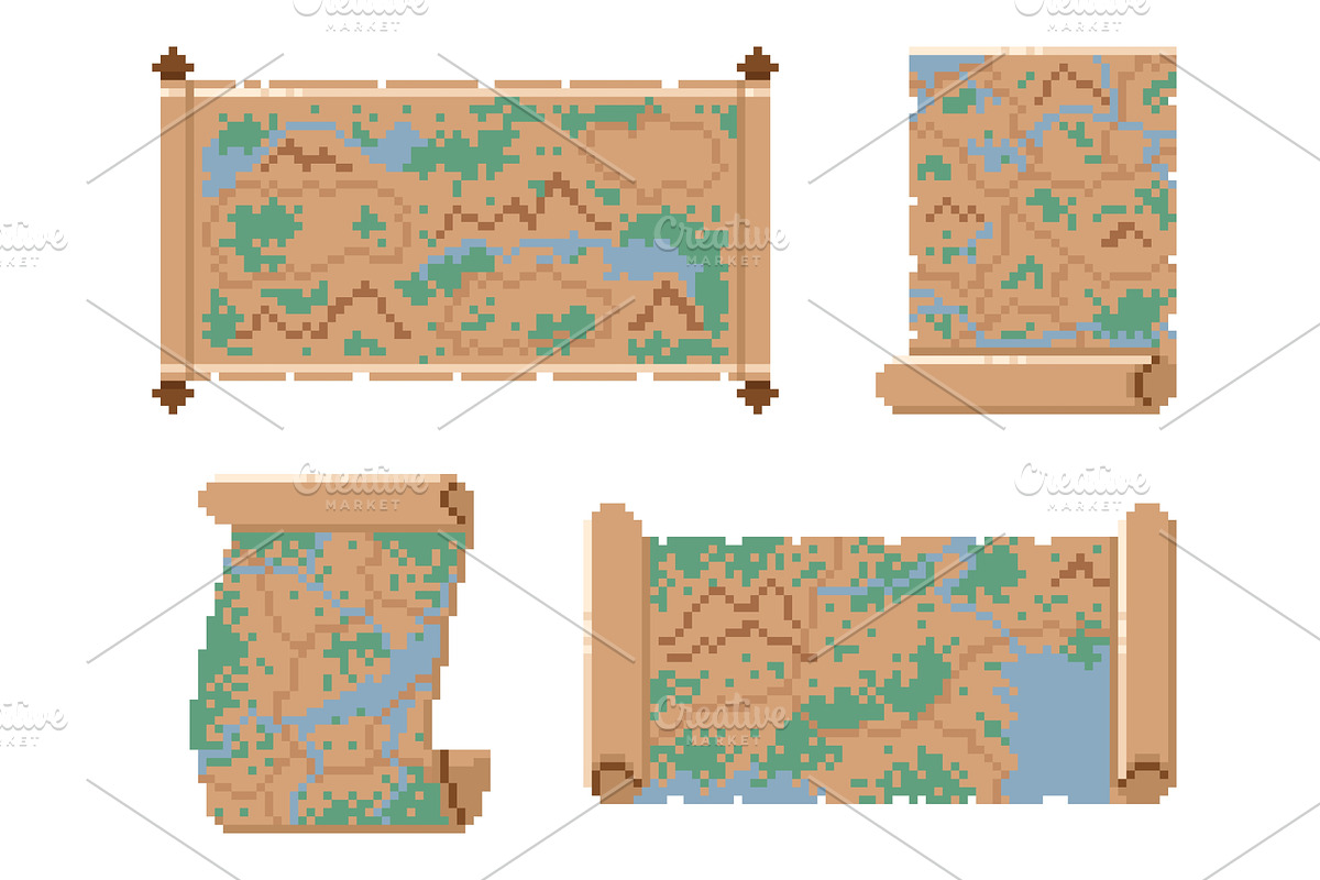 Pixel scroll maps. Ancient papyrus, an Illustration by YummyBuum