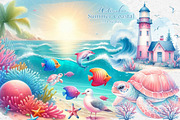 Summer Pink & Blue Coastal Clipart, an Illustration by Dream Creation (Thumbnail 1 of 5)