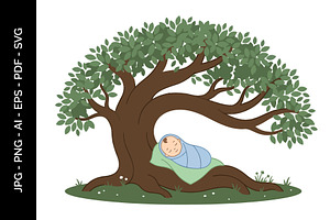 Tree guarding sleeping baby, an Object Illustration by nandinigraphics
