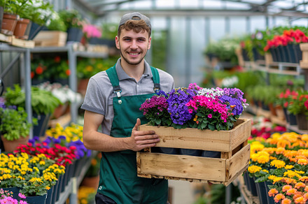 Young man with wooden crate gardening flowers in greenhouse, a Nature Photo by AlyaAnd