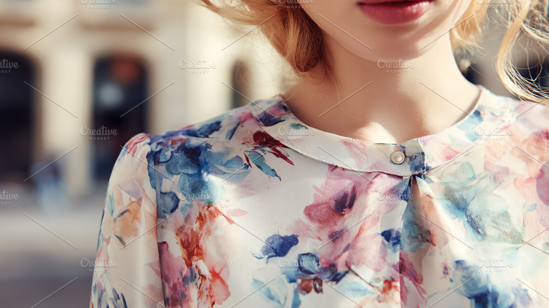 Woman wearing airy floral blouse with watercolor pattern, depict, a Photo by Studio ANNA