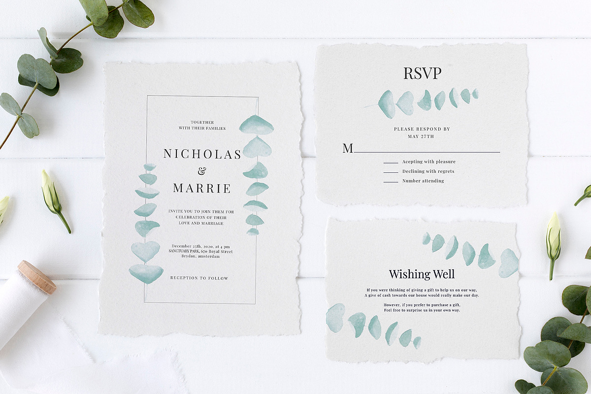 Eucalyptus Wedding Invitation Suite, an Invitation Template by Azka Creative (Photo 1 of 6)