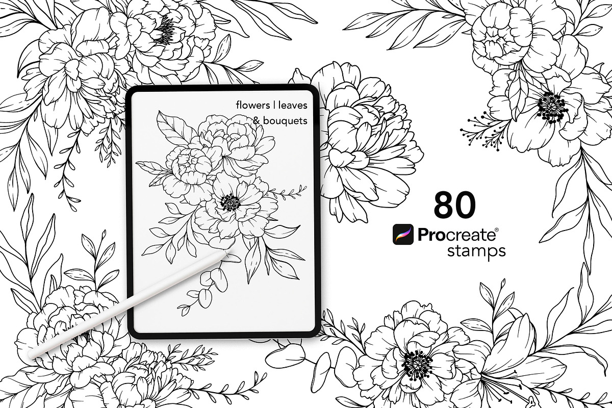 Procreate Floral Stamp, PEONY line art