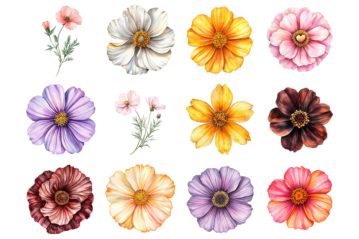 Watercolor Cosmos Clipart, a Seasonal Illustration by Design Market