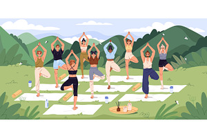 Group yoga class in nature banner