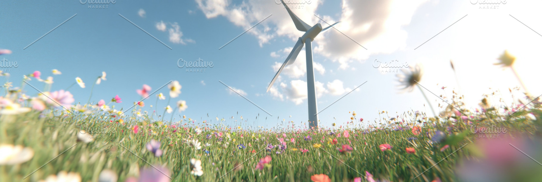 Wind turbine in vibrant wildflower meadow with clear blue sky, s, a Photo by Dvoevnore photos
