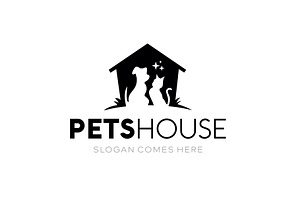 Pets House and Dog and Cat Logo