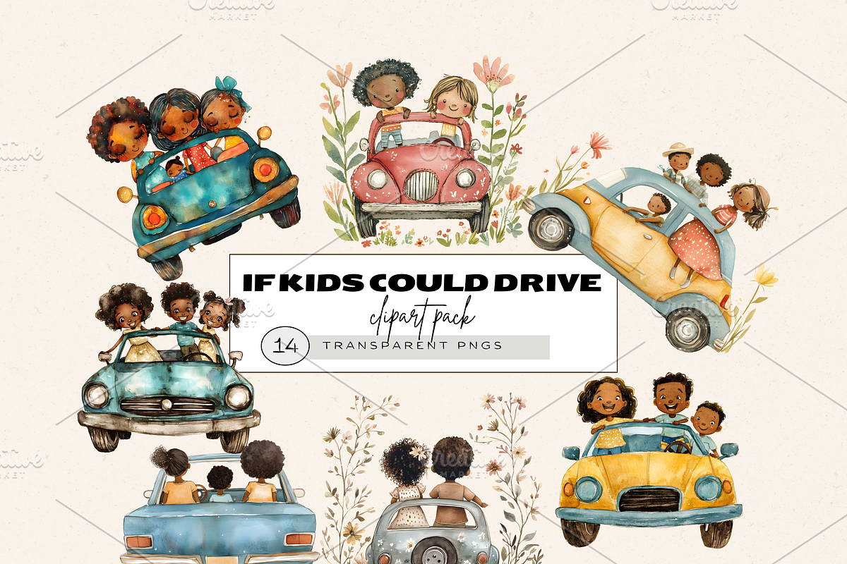 RETRO KIDS DRIVING CARS CLIPART PACK, a Person Illustration by Daring Digies (Photo 1 of 7)