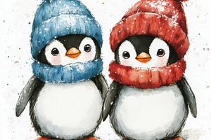 Two Adorable Penguins Wearing Winter, an Animal Photo by Pixeness Studio