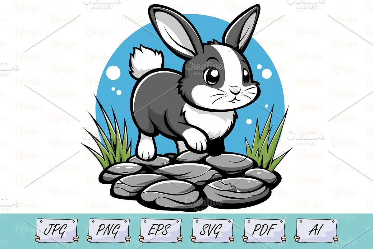Cute Bunny on Stepping Stones Vector, an Animal Illustration by Ghagra (Photo 1 of 3)