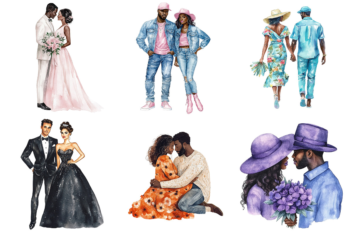 Black Couple Watercolor Set, a Seasonal Illustration by CitraGraphics (Photo 3 of 3)