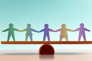 Paper people hold hands while balanced on a wooden beam,equality, a Photo by salmon.black