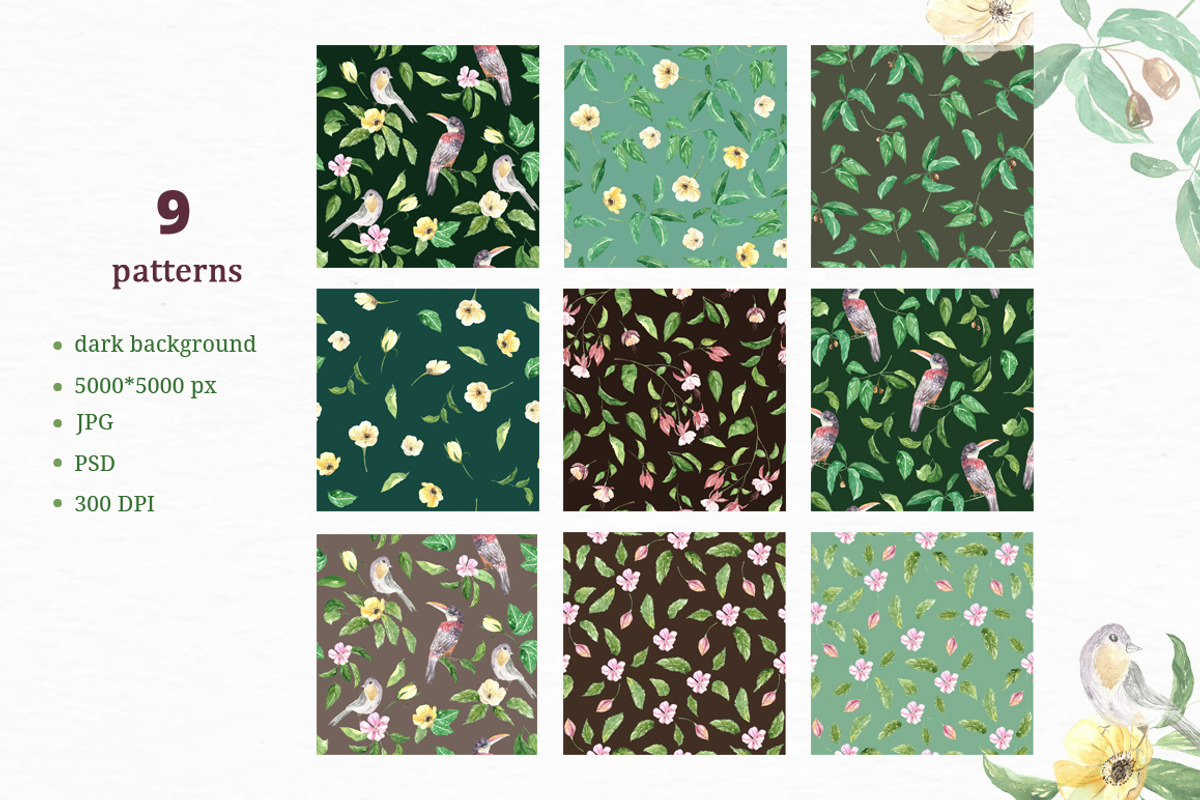Pattern Collection Birds and Flowers, a Pattern Graphic by OlgaSerbun (Photo 3 of 6)
