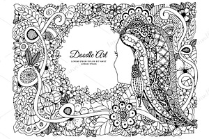 Doodle Girl Floral Round Frame