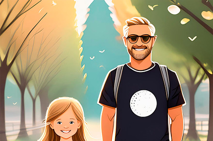 Father and girl daughter holding hands and smiling at urban park, a Person Illustration by DanFLCreativo
