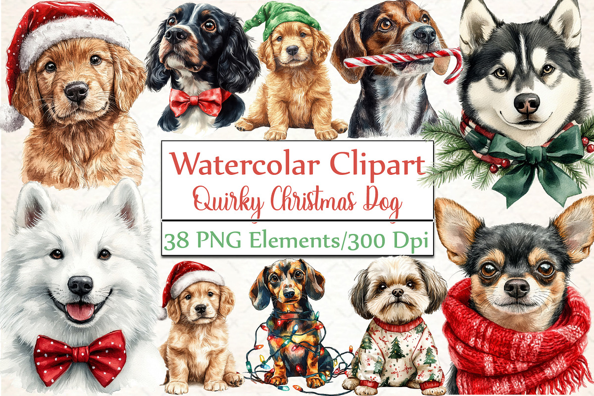 Quirky Christmas Dogs Clipart, an Illustration by DreamCafeArt (Photo 1 of 6)