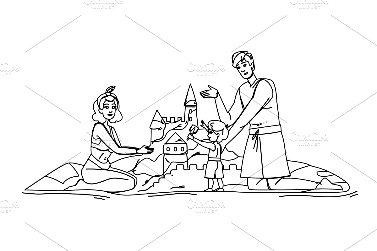 ocean beach family sandcastle vector, a Person Illustration by pikepicture