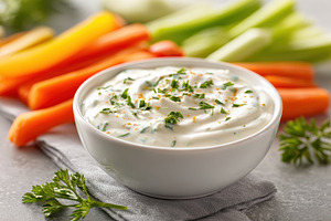 Creamy herb dip with fresh vegetables, a Food & Drink Photo by AlyaAnd