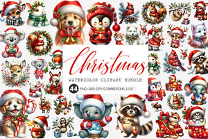 Watercolor Christmas Animals Clipart, an Illustration by SinaCreation